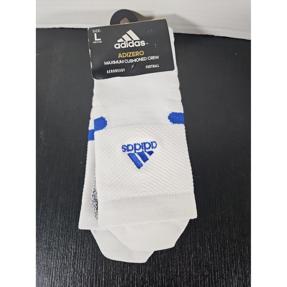 Adidas Size L Adizero Cushioned Crew Football Socks White/Blue Aeroready 1748